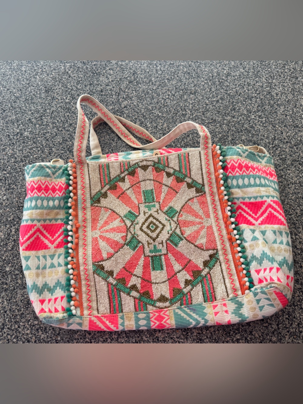 Boho Aztec Pattern Tote Bag in Coral, Teal & Cream